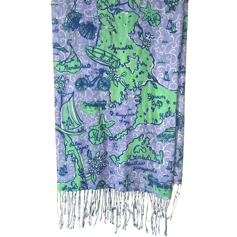 Lilly Pulitzer Retired Murfee Scarf Nantucket Islands Blue Print Silk‎ Cashmere